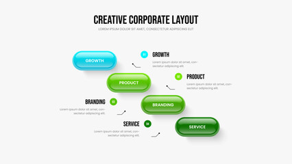 Fototapeta premium Digital Performance Four Option Infographic Slideshow Template. Enterprise Strategy 4 Step Diagram Slide Layout. Company Launch Frame Design Vector Illustration.