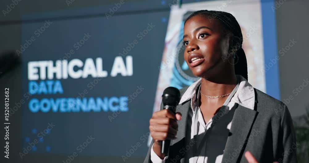 Aufkleber black woman, seminar and speaker with microphone at event for ethical ai and data governance. female