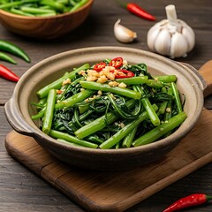 A dish of Rau Muống X&agrave;o Tỏi (stir-fried morning glory with garlic) in a rustic bowl,
