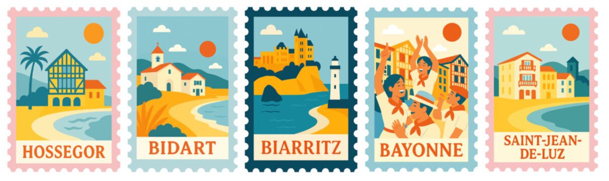 SET OF C&Ocirc;TE BASQUE FRENCH CITIES STAMPS ILLUSTRATION (BIARRITZ, HOSSEGOR, BAYONNE, BIDART, ST JEAN DE LUZ)