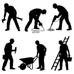 Obraz premium Silhouette illustration depicting construction workers using various tools and equipment on a site