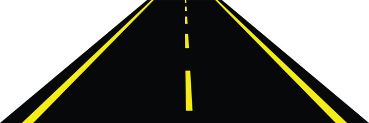 Perspective view of road going far away. Empty highway with marking stretching into distance. Travelling, trip, forward movement, future concept. Vector flat illustration.