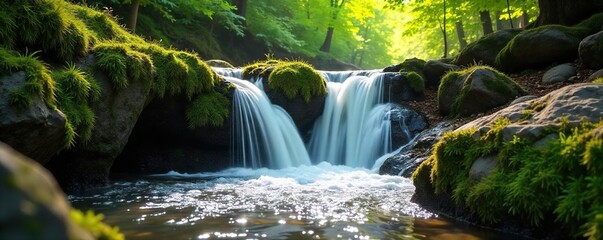 Refreshing cascade of water tumbling down mossy rocks in lush summer forest, sunlight dappling through leaves Perfect for travel, nature, and relaxation themes , nature, sunlight