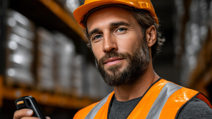 Warehouse worker in safety gear using scanner, focused and professional in storage environment
