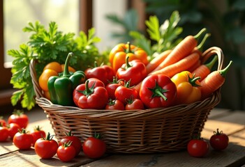 vibrant colorful vegetable basket rustic wooden table fresh organic produce, carrot, pepper, lettuce, broccoli, tomato, cucumber, onion, radish, beet