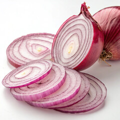 Red Onion Slices: Close-up Photo of Sliced Red Onions isolated on white  background