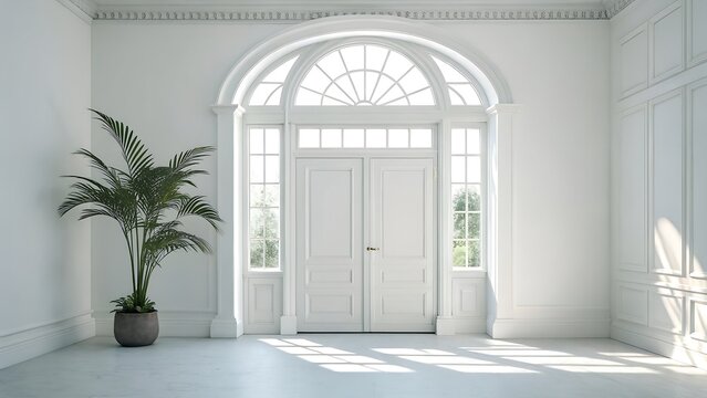 Bright white room with elegant arch door and palm plant
