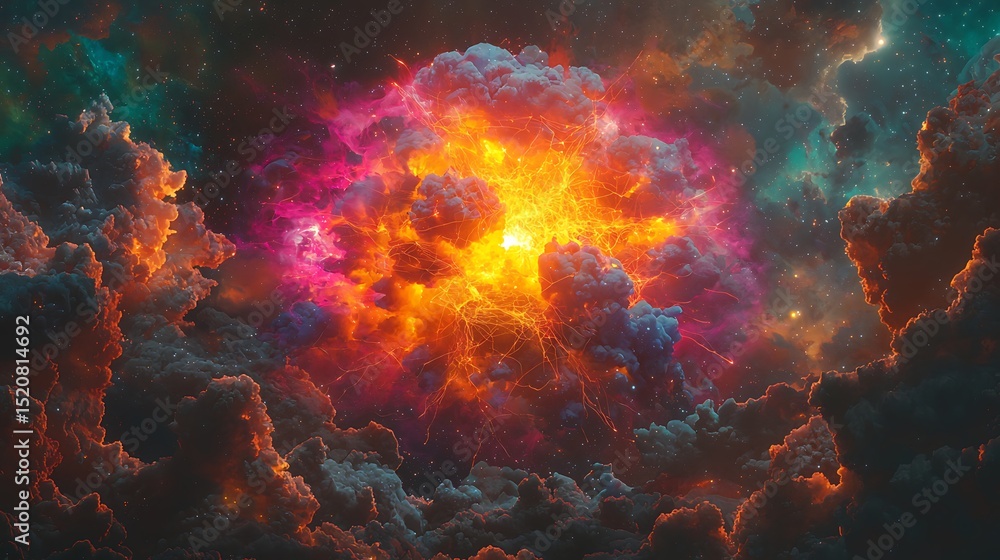 Poster cosmic explosion event outer space digital art colorful clouds wide angle celestial phenomenon