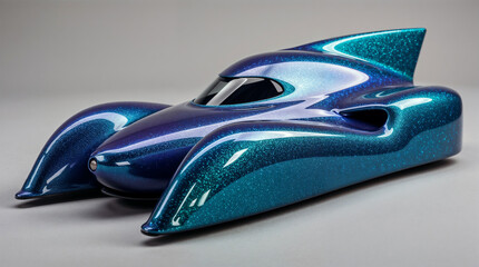 Sleek, futuristic car with glossy blue and teal metallic finish.