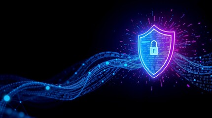 Cybersecurity concept. A glowing digital shield deflects an incoming wave of malicious code