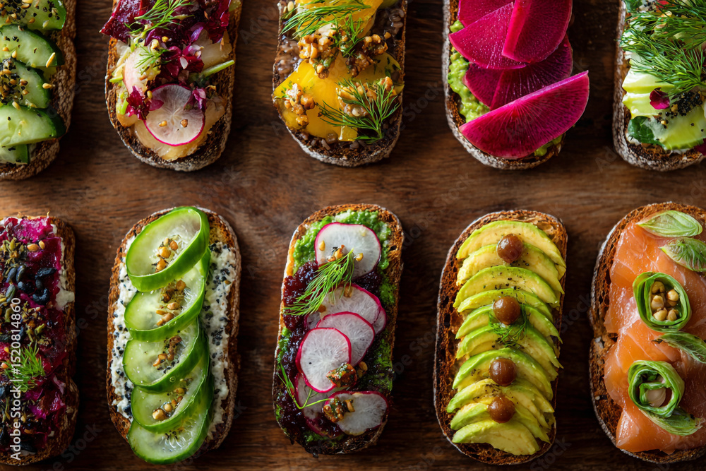 Poster an overhead shot of assorted open faced sandwiches on a wooden surface with various toppings spread 