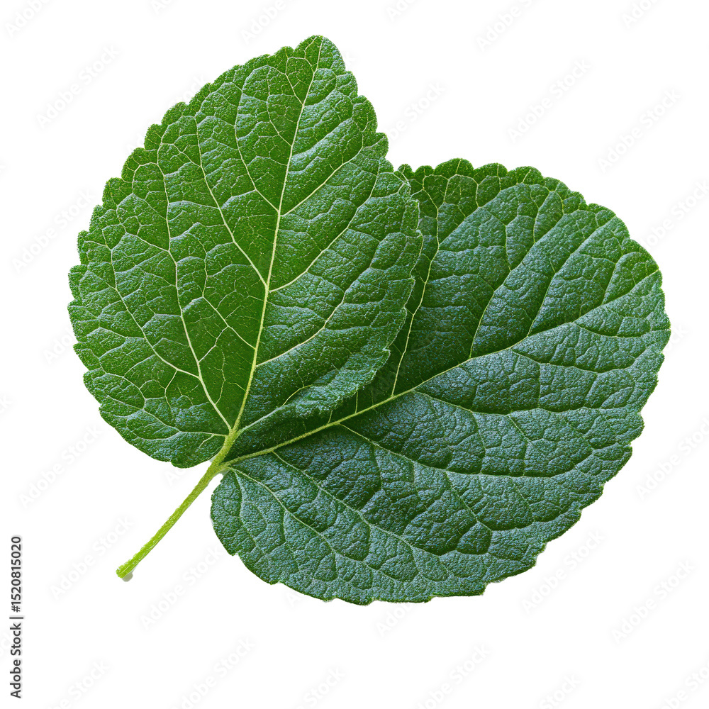Poster two vibrant green leaves with textured surface are shown, displaying intricate vein patterns. leaves