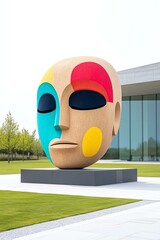 An abstract sculpture of a face featuring vibrant colors, symbolizing creativity and expression. The artwork stands prominently in a modern outdoor setting.