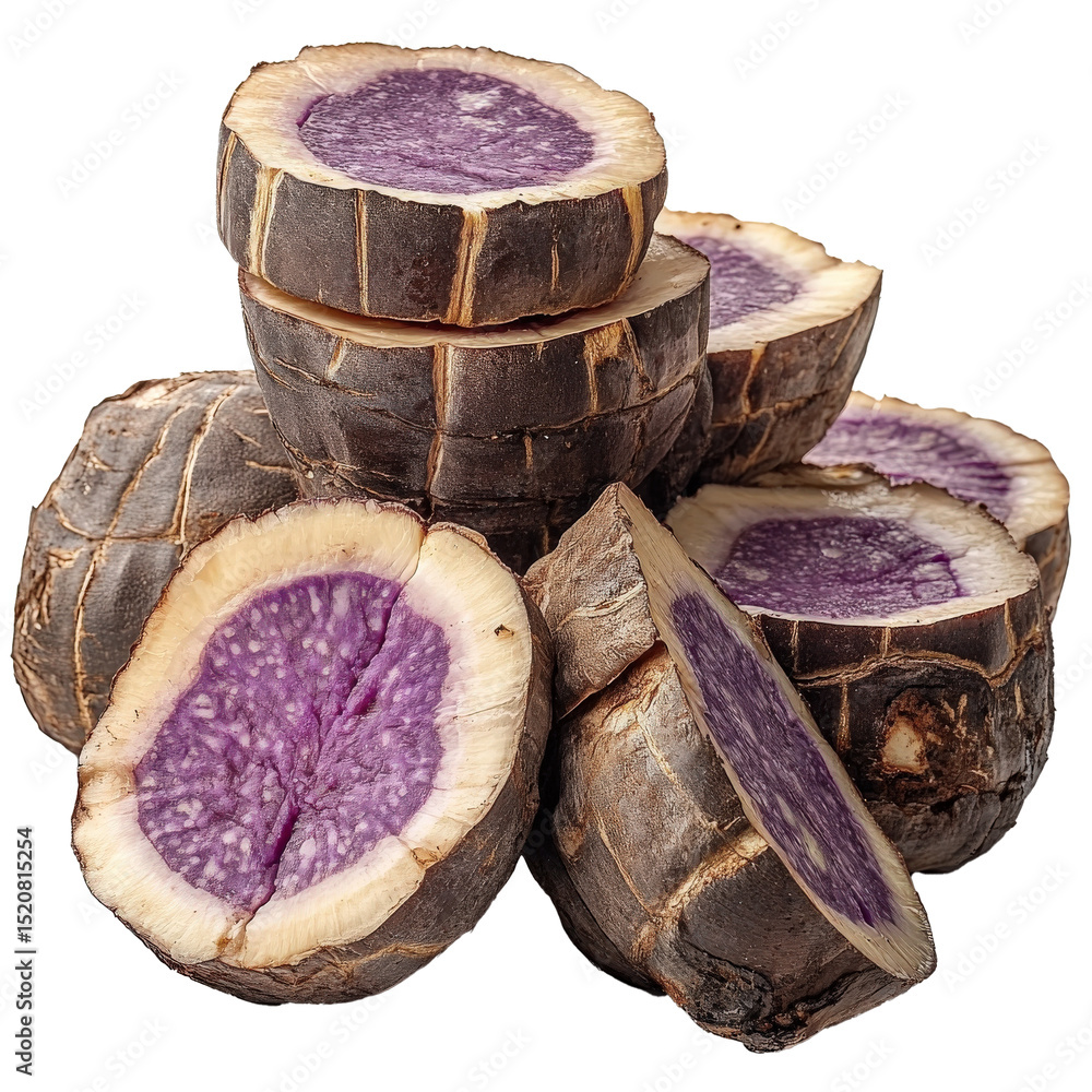 Poster purple yam slices stacked, showcasing vibrant purple interiors and rough brown exteriors, isolated o