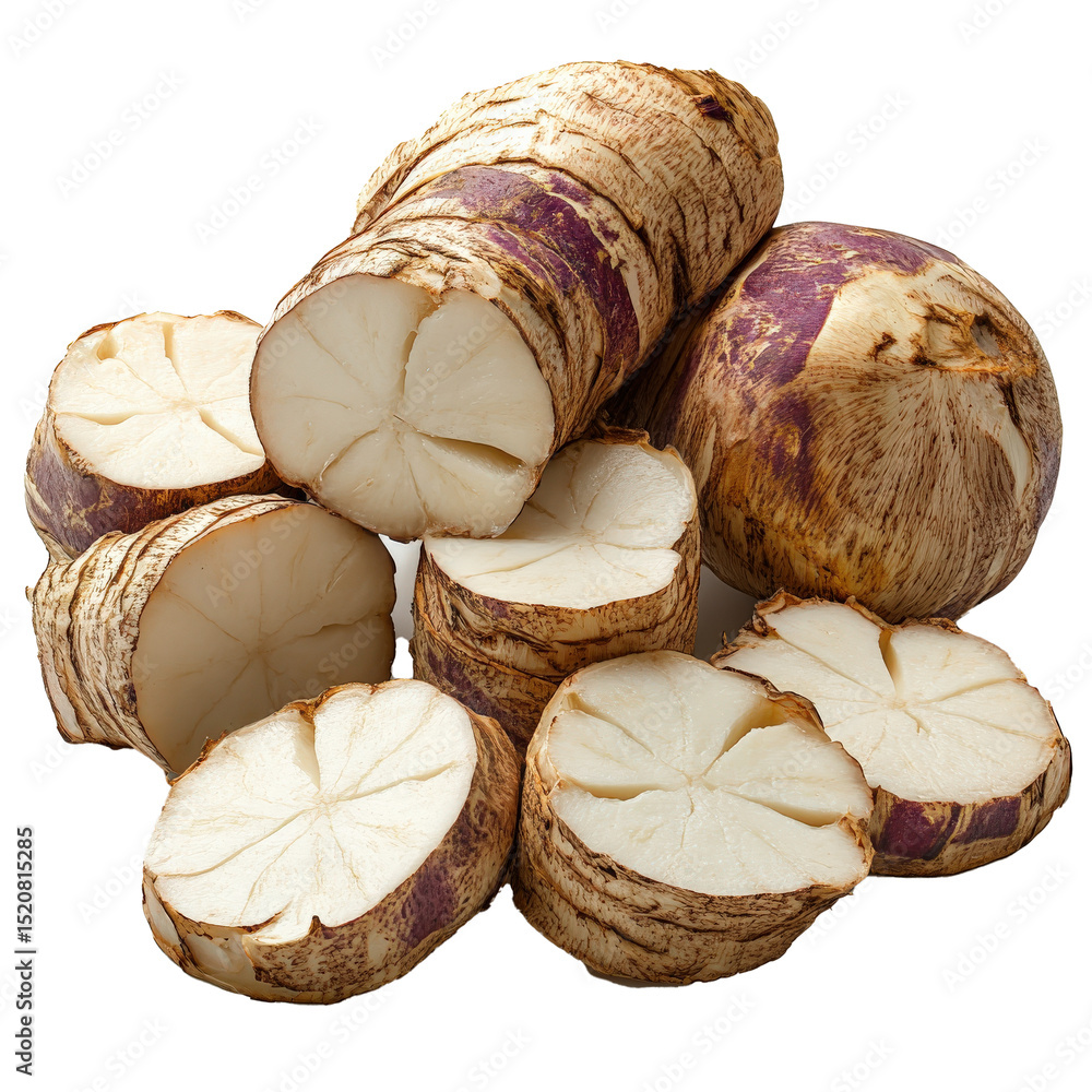 Poster Peeled and cut taro stalks are isolated on transparency background, showcasing their unique texture and pattern. sections reveal fibrous interior, ideal for culinary use