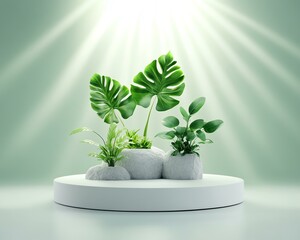 A captivating arrangement of lush green plants displayed on a minimalistic pedestal, illuminated by soft rays of light, creating a serene atmosphere.