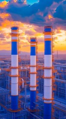 Vibrant sunset illuminating industrial smokestacks, highlighting the intersection of nature and technology in a modern landscape.