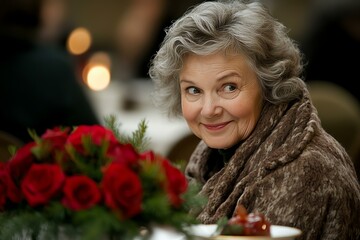 A charming older woman smiles warmly at a festive gathering, surrounded by beautiful red roses. Her joyful expression radiates warmth and connection.