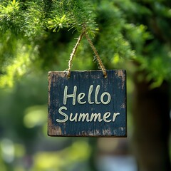 A charming wooden sign reads 'Hello Summer', hanging from a branch in a lush green environment, evoking warm, sunny days and outdoor fun.