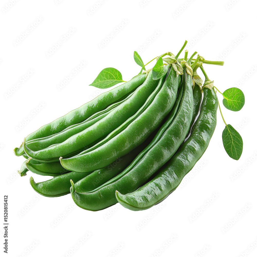 Poster curved yardlong beans with vibrant green color and fresh leaves isolated on transparency background,