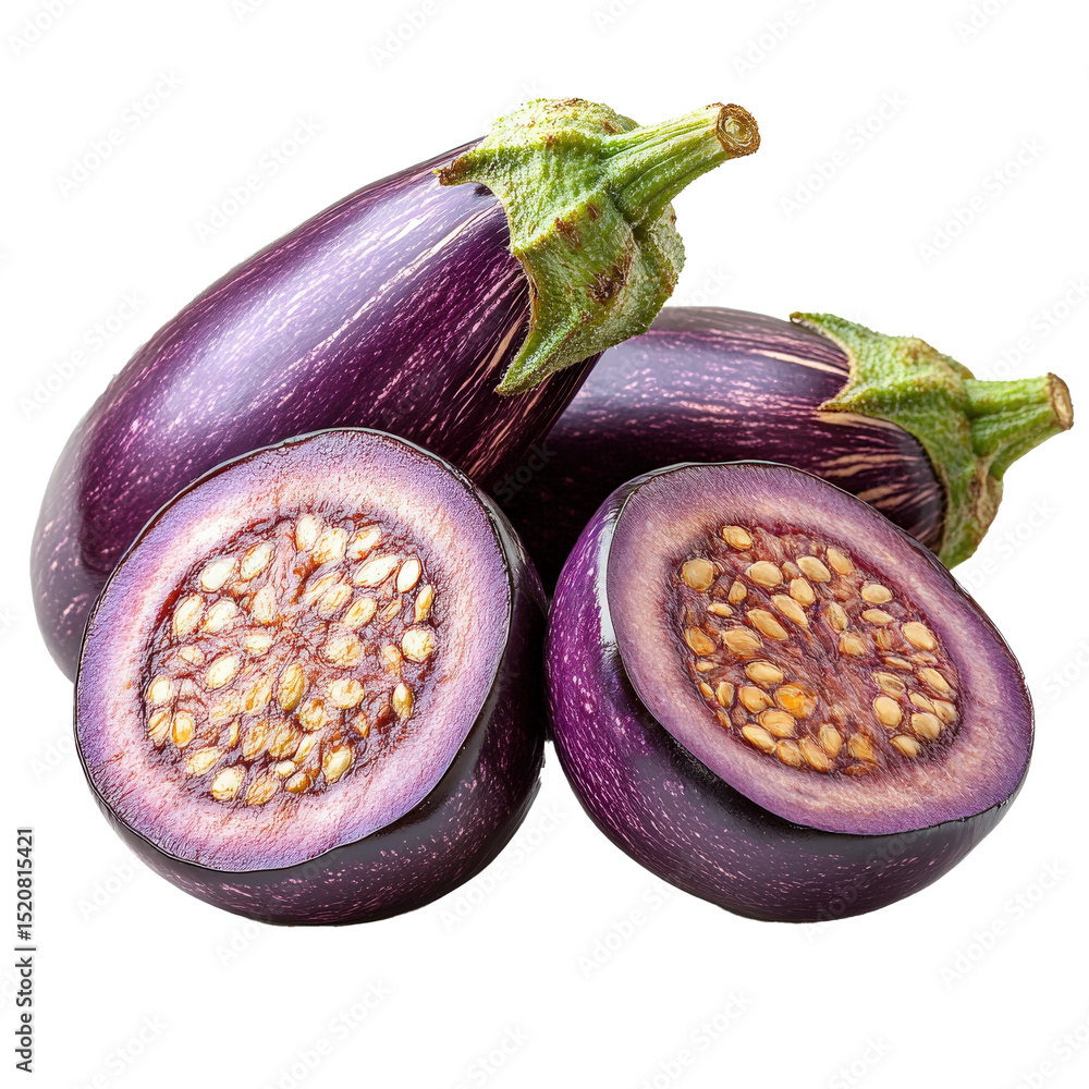 Poster purple eggplants with one sliced in half showing seeds, isolated on transparency background. vibrant