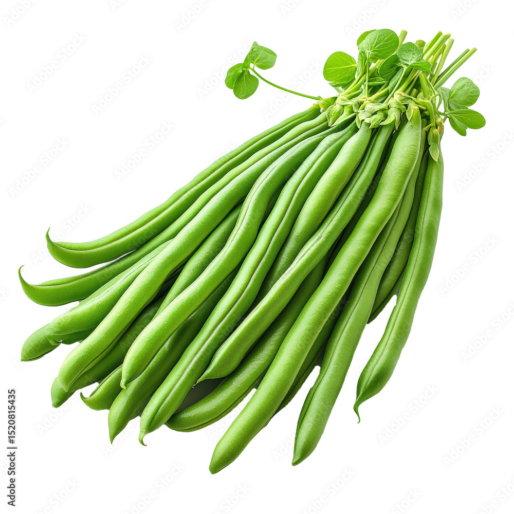 Poster Fresh yardlong beans with curved natural shape and vibrant green color isolated transparency background. These beans are commonly used various cuisines for their crisp texture and mild flavor
