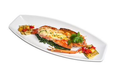 Baked lobster with cheese on white background