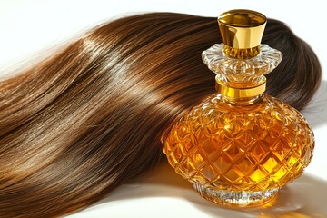 A stunning composition featuring a luxurious glass perfume bottle next to silky, flowing hair, representing elegance and beauty in everyday life.