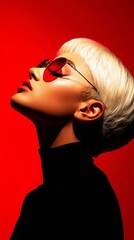 A stylish individual poses elegantly against a striking red background, showcasing modern fashion and attitude with vibrant sunglasses.