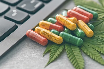 A vibrant assortment of herbal capsules resting on fresh cannabis leaves beside a modern keyboard, symbolizing the intersection of nature and technology.