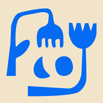 Abstract Plant Form in Bold Blue on Beige Background 