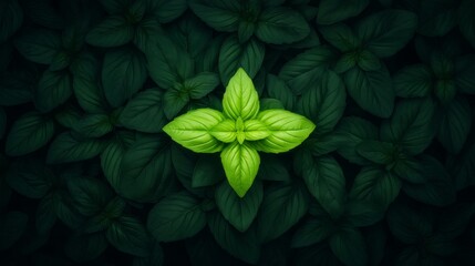 Vibrant Green Leaf Emerging Amidst Dark Green Foliage with Natural Water Droplets