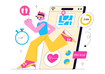 Virtual Fitness App Illustration Featuring People Enjoying Online Classes Using a Mobile Application to Promote Wellness and Healthy Lifestyle Trends