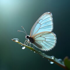 Delicate butterfly with turquoise wings resting on dew-kissed leaf in natural light