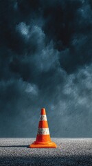 One traffic cone standing alone, emphasizing caution, alertness, and minimal composition.