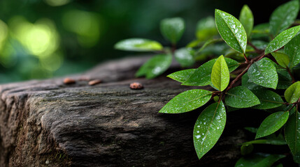 Lush green leaves with water droplets rest on textured wooden surface, creating serene and refreshing atmosphere