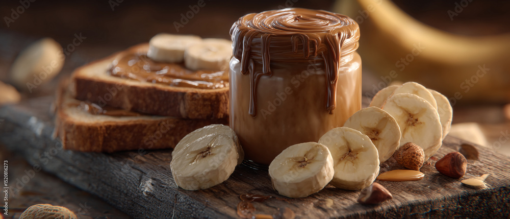 Poster A jar of peanut butter with bananas and toast on a wooden board in a soft lit studio setting view