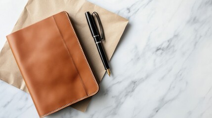 National Brown-Bag It Day Elegant leather journal with fountain pen on marble surface