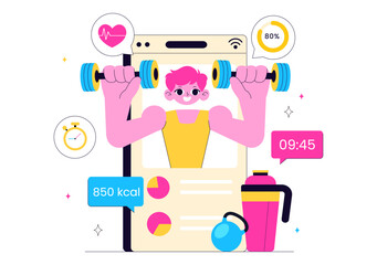Virtual Fitness App Illustration Featuring People Enjoying Online Classes Using a Mobile Application to Promote Wellness and Healthy Lifestyle Trends