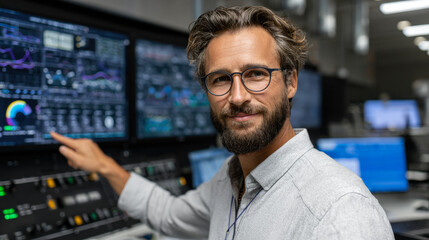 Confident industrial specialist in control room, analyzing data on multiple screens with smile