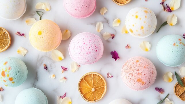 National Bath Bomb Day Vibrant assorted bath bombs and citrus slices on marble surface