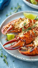 Ascencion Day (Saint Barthelemy) Delicious grilled lobster claws with herbs and lime on a plate