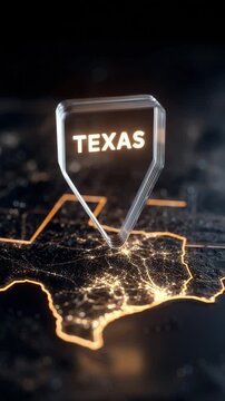 Glowing glass marker points to a dark, detailed map of Texas at night, city lights outlining the state's borders. Dark background, warm light.
