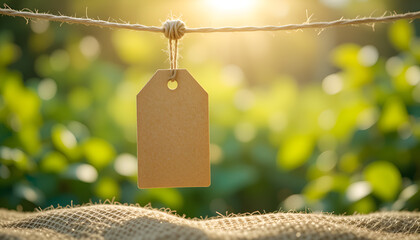 Blank paper price tag with string on a wooden background for sale, gift, or business