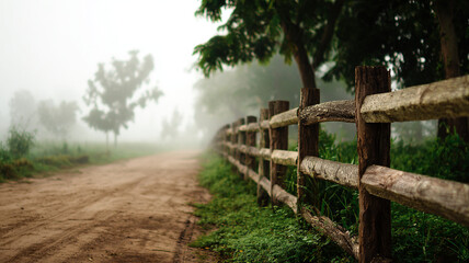 Misty morning in countryside features dirt path lined with rustic wooden fence and lush greenery, creating serene and tranquil atmosphere