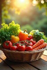 vibrant colorful vegetables freshly harvested woven basket bounty display, arrangement, salad, squash, carrot, pepper, tomato, radish, onion, potato