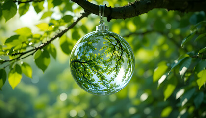 Shiny gold baubles and glass ornaments reflect nature's green leaves on a festive Christmas tree, celebrating the winter holiday season