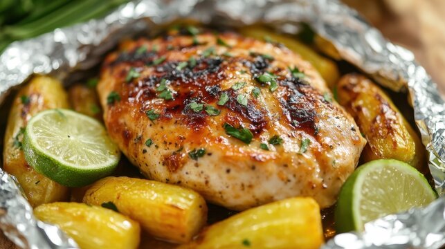 Grilled chicken breast with roasted potatoes and lime in foil packet for outdoor cooking