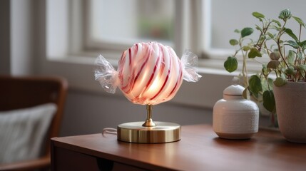 Candy-inspired lamp on wooden desk with plants in cozy room setting