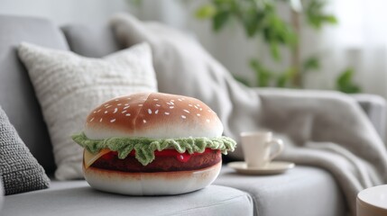 International Burger Day. Hamburger-shaped pillow on modern sofa in cozy living room setting